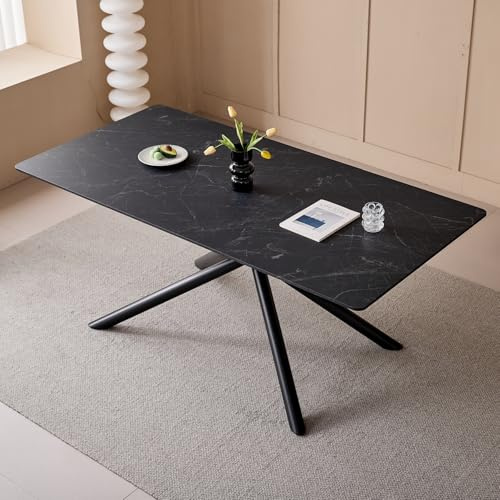 JZGORC Mesa de Comedor Rectangular, Mesa de Cocina Moderna, Tablero de MDF Empalmado de 180×90cm, Patas de Metal en Cruz, Capacidad para 8-12 Personas (imitación mármol Negro)