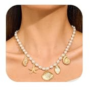 TOVABA Collier Coquillage Femme, Collier Élégant avec Perles et Coquillages Dorés, Accessoire Mode Estival, collier été femme.