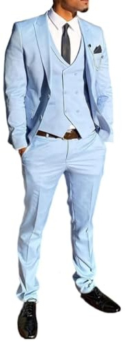 Uomo Azzurro 3 Pezzi Completo Risvolto A Punta Due Bottoni Blazer Giacca Doppio Petto Gilet Pantaloni Set, blu cielo, L