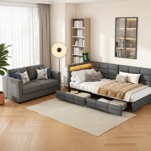 Cama tapizada para individual 90 x 200 cm, con 2 cajones y LED USB, sofá cama, lino (gris)