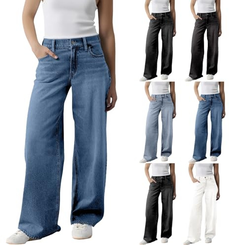 Generisch Baggy Jeans da donna a vita alta – Jeans a gamba larga, dritta, larga, comodi, in denim, tinta unita, leggeri, Y2K, Boyfriend, elasticizzati, per il tempo libero, con tasche, a, S