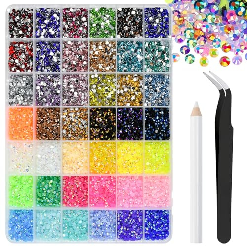 WEFHEF 21000 Pcs Strass Ongle Nail Art 3 mm, 42 Couleurs Bijoux Ongles, Strass Ongle Multicolore avec Pince et Stylo de Pointage, Décoration Ongles Nail Art, pour Visage Maquillage Bricolage Manucure