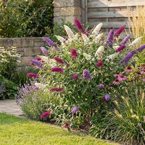 Bloomique - Buddleja Davidii Tricolor - Dreifarbige Blüten - Schmetterlingsstrauch - Gartenpflanzen - Winterhart - Höhe 30-40 cm - Topfgröße 17 cm