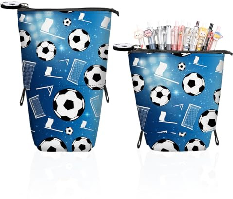 Lvjkes 2-in-1 Teleskopisch Federmäppchen Stifteköcher, Schlampermäppchen mit Reißverschluss, Stiftehalter zum Stehen, Mäppchen für Kinder, Teenager, Schüler, Schulgebrauch (Fußball-Blau Tor)