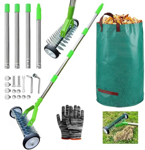 Scarificatore per prato manuale con manico 165 cm, rastrello aeratore con sacco della spazzatura, per pulire prati morti e riparare giardini (Verde)