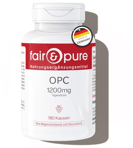 Fair & Pure OPC 1200mg, 180 stycken, 1200mg per dag, druvkärnextrakt, C-vitamin från acerola, veganskt kosttillskott utan tillsatser, tillverkat i Tyskland