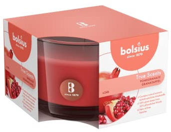 Bolsius True Scents Candela Profumata in Giara - Fragranza Melograno - Colore Rosso - Medium - Lunga Durata di 24 Ore - Estratti Naturali - Candela Decorativa - Cera - Senza Fumo - 6.3 x 9 cm