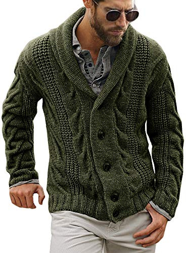 Mens Cable Knit Cardigan Sweater Shawl Collar Loose Fit Long Sleeve Casual Cardigans Army Green