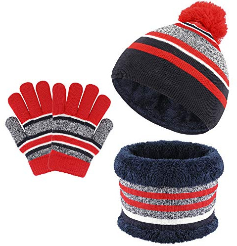 TAGVO Ensemble de bonnet, écharpe, gants 3 en 1 pour enfants - En polaire épaisse - Bonnet en tricot thermique - Pour enfants de 3 à 6 ans - Accessoires d'hiver