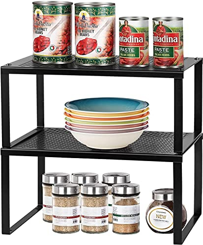 LIANTRAL 2-Pack Stackable Spice Rack Organizer - Adjustable Kitchen Cabinet Shelves, Cupboard Organisers - Rustproof Metal Storage Organizer for Spices, Cans, Jars - Fits Countertop, Pantry (Black)