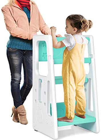 DREAMADE Verstellbarer Lernturm, Kinderhocker aus HDPE, Trittschemel mit 3 Stufen & Anti-Rutsch-Funktion, Einstellbarer Küchenhelfer, Tritthocker für Baby & Kleinkinder von 18-60 Monate (Grün + Weiß)