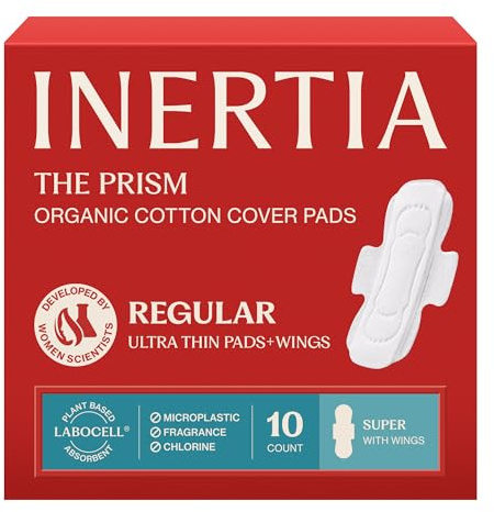 INERTIA The Prism Red – Truly Organic, Ultra Thin & Leak-Proof Korean Cotton Pads with Wings | Regular Absorbency | Hypoallergenic, Super Absorbent, Chlorine-Free & Fragrance-Free (10 Count)