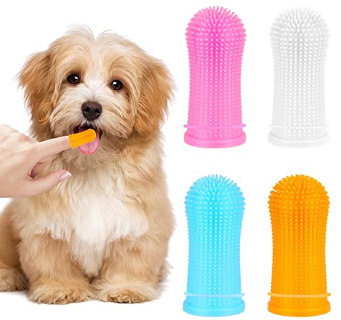 4 Pièces Brosse à Dent en Silicone Réutilisable Pour Chiens et Chats Boîte Inclus Soins Dentaires et Respiration Fraîche (4 Couleurs)
