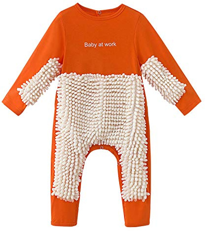 Momolaa Cute Baby Mop Onesie Romper, Funny Long Sleeve Jumpsuit Baby Newborn Boys Girls Mop Crawling Jumpsuit One-Piece Outfit Orange 12-18 Months