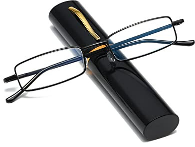 Hubeye Gafas de lectura portatiles con forma de bolígrafo de metal para hombre y mujer Anteojos de lectura con bisagras de resorte Anti luz azul con funda metal de bolsillo 2.50
