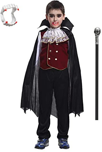 ZUCOS Boys Kids Vampire Halloween Costume Gothic Classic Cosplay w/ Vampire Teeth and Sickle (Black, 7-9 Years)