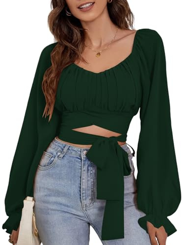 Rooscier Women's Ruched Wrap Square Neck Flounce Long Sleeve Self Tie Crop Top Blouse, Solid Dark Green, XXL