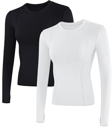 IECCP T-Shirt Damen Gym Top Sport Oberteil Yoga Langarm Top Sportshirt Leicht Fitness Oberteil mit Daumenloch Fitness Workout Tops 2 Pack Schwarz und Weiß S