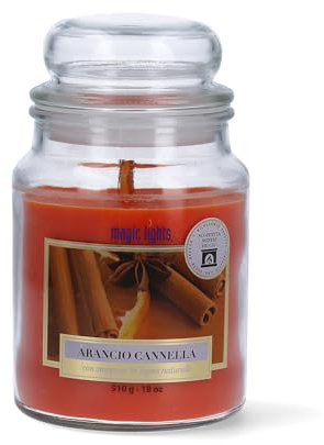 Magic Lights - Candela giara 510 gr Arancio Cannella con cera vegetale min. 75% - stoppino in legno naturale che scoppietta, Made in Italy