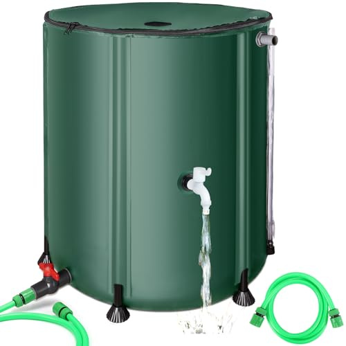 53 Gallon Collapsible Rain Barrel, SKM Portable Rain Water Collection Barrel for Garden/Outside/Lawn, PVC Rainwater Collection System Water Tank Storage Container with Spigots & Overflow Kit, Green