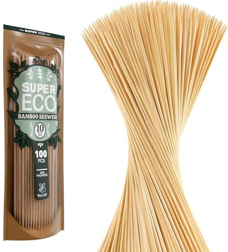 SUPER ECO 100 Pcs Natural Bamboo Skewers, Wooden Skewers for Appetizers, Fruit, Kebabs, Grilling Barbecue, Mini Burger, Sausage, Cocktail, Long Toothpicks, Food Sticks Natural