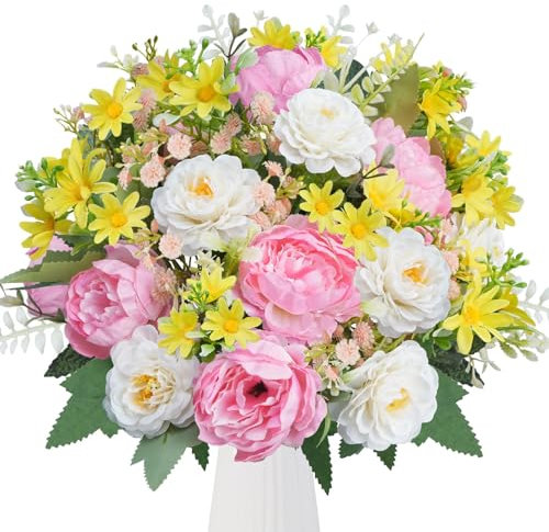 Zythrem Pink Artificial Flowers Fake Silk Peony Bouquet Mix Yellow Daisies Bouquet Faux Flowers Peony Artificial Flowers for Graves, Wedding, Home, Garden, Hotel, Office, Table, Centerpieces