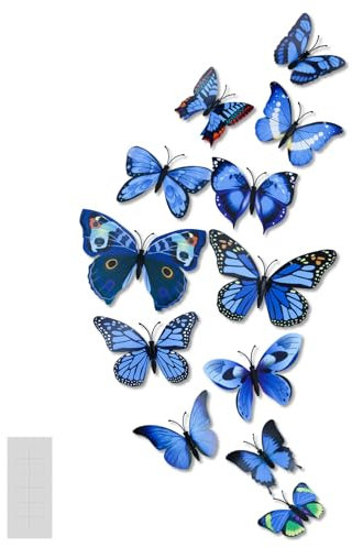 MultiValue 12 pezzi emulazione 3D farfalla decorazione da parete in PVC farfalla magnetica con nastro adesivo per frigorifero, decorazione da parete (blu)