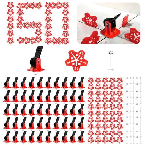 Lvjkes 150 Piezas Niveladores de azulejos kit, 2 en 1 Pulsador cuñas niveladoras suelo, Con herramienta de fijación de 5 esquinas, Pasador de acero de repuesto, Para azulejos (Rojo & Negro)