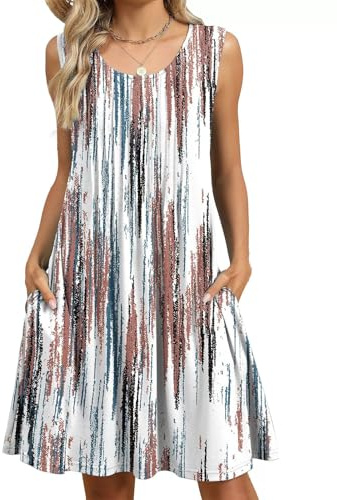 PICKLION Women's Summer Boho Dress Ladies Floral Sleeveless Tank Beach Midi Dresses with Pockets StripedWhite XL