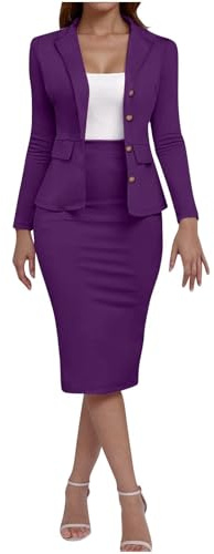 Conjunto Mujer Vestir Dos Piezas,Talla Grande Traje Falda y Chaqueta Mujer Verano Americana de Color Sólido Casual con Bolsillos Trajes Dos Piezas Manga Larga Elegante Negocios Oficina Set