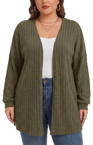 Kyzoeyou Women's Cardigans Plus Size Long Sleeve Open Front Cardigan Ribbed Knit V Neck Sweater Jacket Casual Outwear Coat(Army Green 4X-Large)