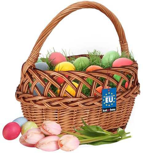 KOTARBAU Shoppingkorg – förvaringskorg – flätad korg – 26 x 42 cm – svampkorg – korg för frukt – picknickkorg – naturlig färg med bruna ränder – pilkorg med handtag