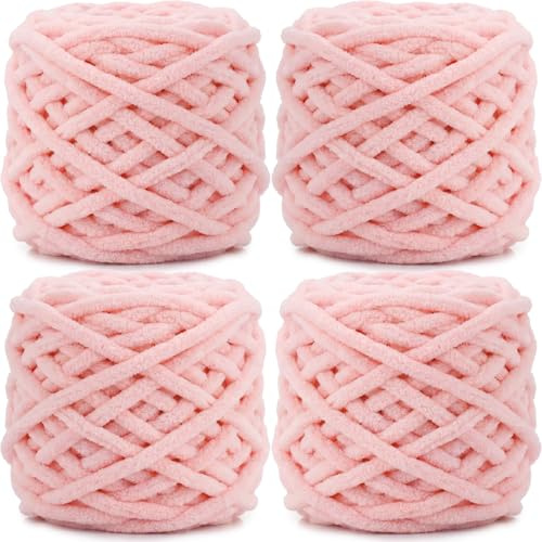 Cnwinu 4-pack tjockt garn, tjock ull för stickning 100 g bollar, flerfärgad mjukt Chenille-garn, stickad ull för stickning och virkning filt, kudde, husdjurssängar, väskor, hattar, halsdukar (ljusrosa