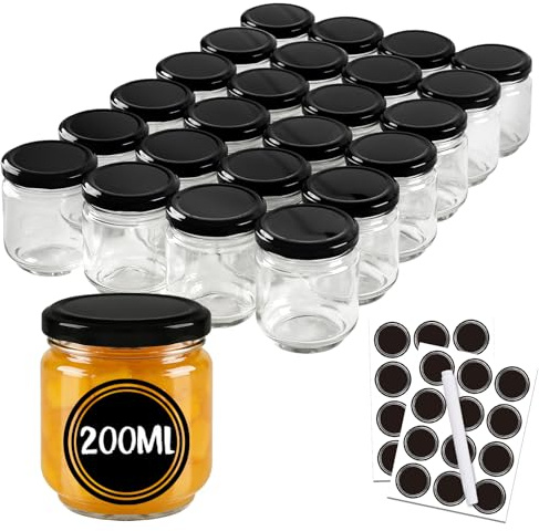 BLIENKREBY 24 Tarros de Cristal para Conservas de 200 ml, Con Etiquetas y Rotulador, Herméticos Apto para Lavavajillas, Ideales para Regalar