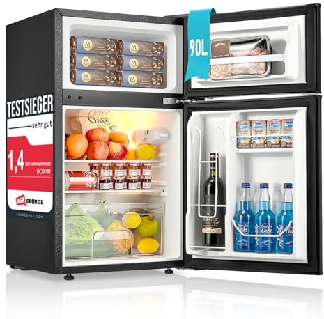 FOHERE Kühlschrank mit Gefrierfach Klein 90L, 26 L Gefrierfach 64 L Kühlschrank für Schlafzimmer, 7-Stufen Thermostat, Energieeffizien, 43 dB mit 2 Wechselbare Tür, für Wohnheime, Wohnungen