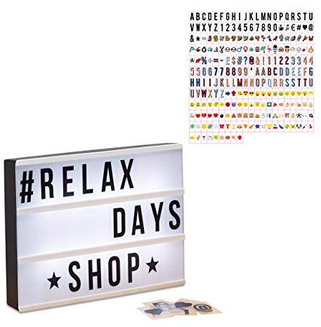 Relaxdays Set Light Box, Boîte à Lumière LED, avec 325 Lettres & Symboles, Caisson Lumineux, HLP 22x30x4,5cm, Blanc/Noir