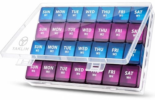 XL Monthly Pill Organizer 1 Time a Day, 4 Week Pill Case Compartments, Yaklim Weekly Vitamin Organizer Extra Large, Medicine Container for Daily Pill Keeper