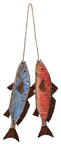 Antique Wood Fish Decor Decorative Wooden Hanging Fish Nautical Indoor Outdoor Decorations Wall Art Ornament (Set of 2)