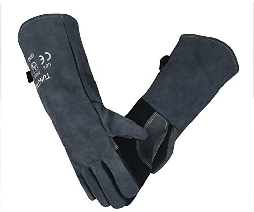 Gants de soudage en cuir de 40,6 cm, 500 °C, gants de barbecue avec coutures en Kevlar, gants résistants à la chaleur pour le travail du barbecue, le soudage, le grill, le mig - Gris