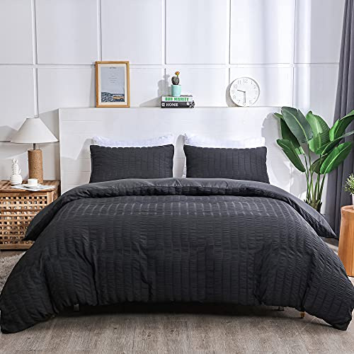 AveLom Seersucker påslakanset king size (264 x 228 cm), 3 delar (1 påslakan + 2 kuddfodral), svart ultramjukt tvättat mikrofiber, texturerat påslakan med blixtlåsstängning, hörnband