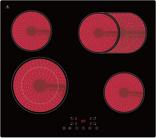 YUNA Glaskeramik-Kochfeld CALOR EBK4/2B autark elektrisch 4 Zonen Bräterzone Zweikreiszone Glaskeramikkochfeld 9 Stufen Timer Kindersicherung Restwärmeanzeige Sensor Touch Steuerung Rahmenlos
