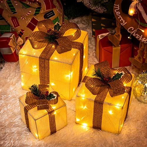 Solpex Set of 3 Christmas Lighted Gift Boxes, 60 LED Light up Present Boxes, 8 Modes Christmas Parcels Lights with Bow for Party, Home, Tree Decoration (Yellow)