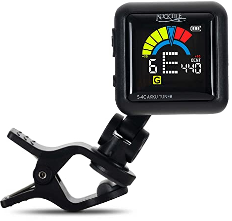 Rocktile 5-4C AKKU Clip Tuner - Chromatisches Stimmgerät zum Anklemmen - Mit integriertem Akku - Für alle Instrumente - Vierfarbiges Display - Kalibrierbar - Inklusive USB-Ladekabel - Schwarz
