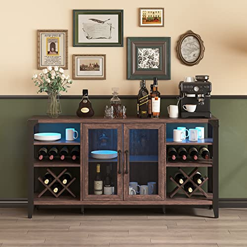 Vabches 58 Wine Bar with Wine Rack Storage,Alcohol Cabinet with LED Strip, Liquor Cabinet Bar for Home Dining Room, Sideboard Buffet with Storage