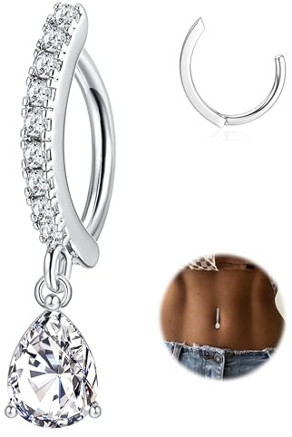 FIBO STEEL 14G Clicker Belly Rings 316L Surgical Steel Dangle Belly Button Ring CZ Teardrop Pendant Navel Rings Barbell Body Piercing Jewelry Clear