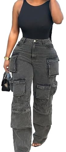 Lucuna Women's Cargo Pants Y2K High Waist Baggy Jeans Flap Pocket Loose Denim Pants Streetwear