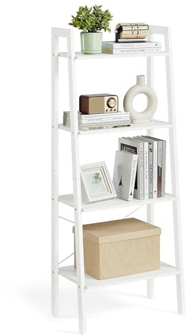 VASAGLE Scaffale a Scala, Libreria a 4 Ripiani, Scaffale Portaoggetti, per Soggiorno Camera da Letto Cucina Studio, Stile Moderno, Struttura in Acciaio, Bianco Acero e Bianco Perla LLS044W44