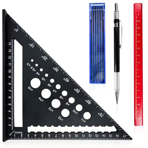 7 inch Speed Square Metric with 14 Types of Drill Holes,Triangle Ruler,Aluminum Alloy Carpenters Measuring Square,Carpentry Tools and Equipment (Black)