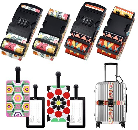 HIVIA Jeu de 4 Sangle Valise Voyage avec Code,Sangle Bagage Sangle pour Valise de Voyage,Accessoire Avion Accessoires de Voyage,Etiquette Valise Étiquette Bagage|Fleur