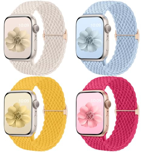 Mastten 4-pack Solo Loop flätade remmar kompatibla med Apple Watch-remmar 40 mm 41 mm 38 mm 42 mm 44 mm 45 mm 46 mm 49 mm kvinnor män, stretchig rem elastiskt sportband för iWatch SE 10 9 8 7 6 5 4 3